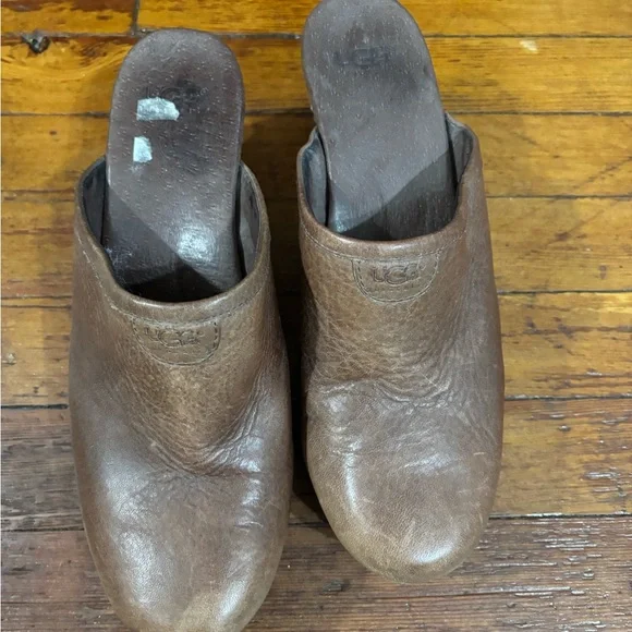 UGG Brown Leather Mules with Wooden Sole - Picture 2 of 8